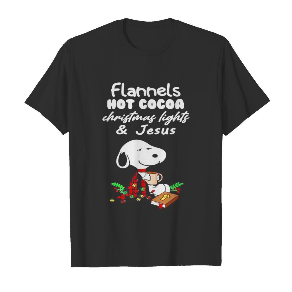 Snoopy flannels hot cocoa christmas lights and jesus shirt