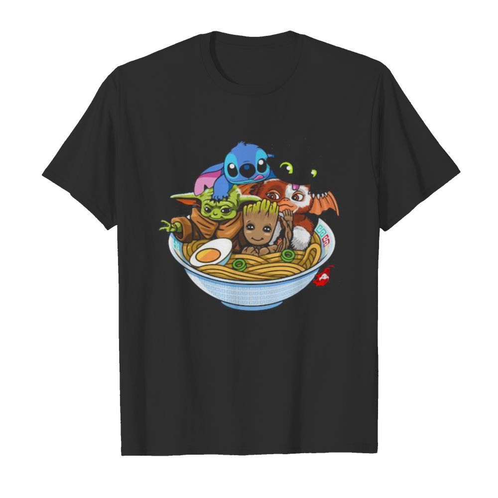 Stitch toothless baby yoda and baby groot in noodle shirt