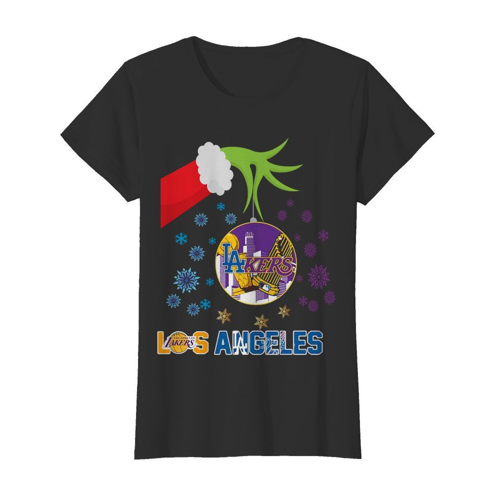 The Grinch Hand Holding Ornament Los Angeles Lakers And Los Angeles Dodgers Christmas  Classic Women's T-shirt