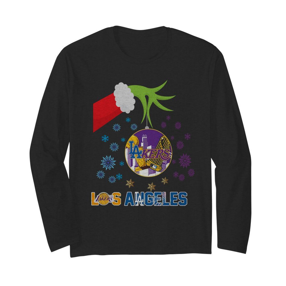 The Grinch Hand Holding Ornament Los Angeles Lakers And Los Angeles Dodgers Christmas  Long Sleeved T-shirt 