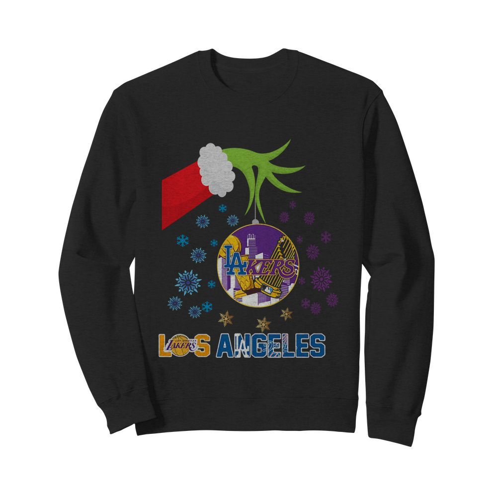 The Grinch Hand Holding Ornament Los Angeles Lakers And Los Angeles Dodgers Christmas  Unisex Sweatshirt