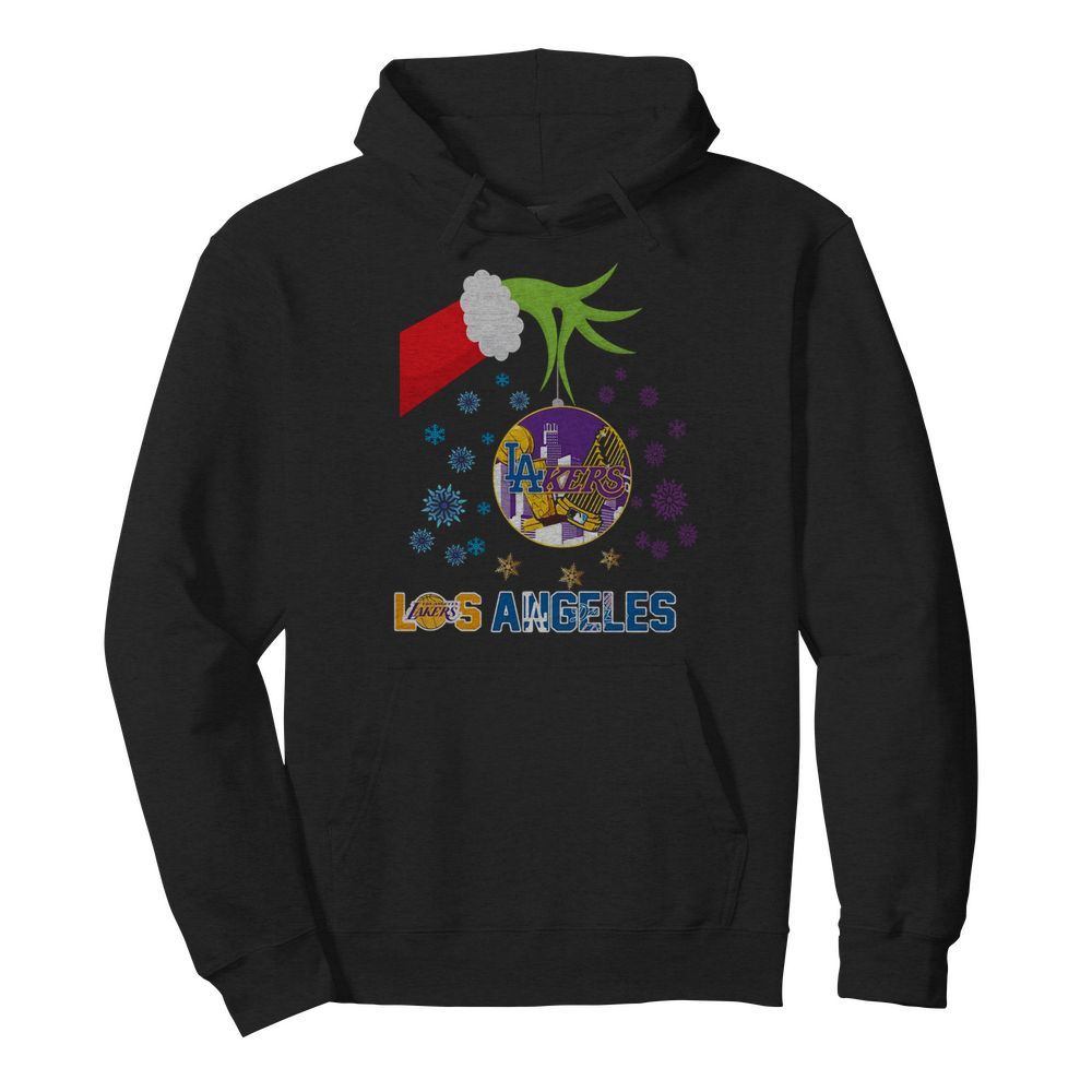 The Grinch Hand Holding Ornament Los Angeles Lakers And Los Angeles Dodgers Christmas  Unisex Hoodie