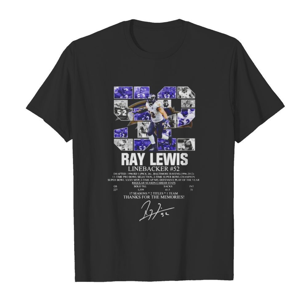 52 Ray Lewis linebacker 17 seasons 2 titles 1 team thanks for the memories shirt