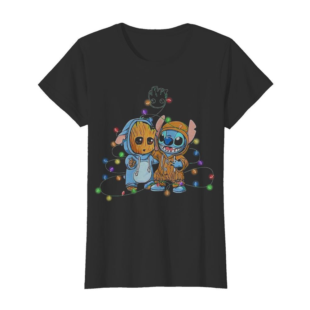 Baby Groot And Baby Stitch Happy Light Christmas  Classic Women's T-shirt