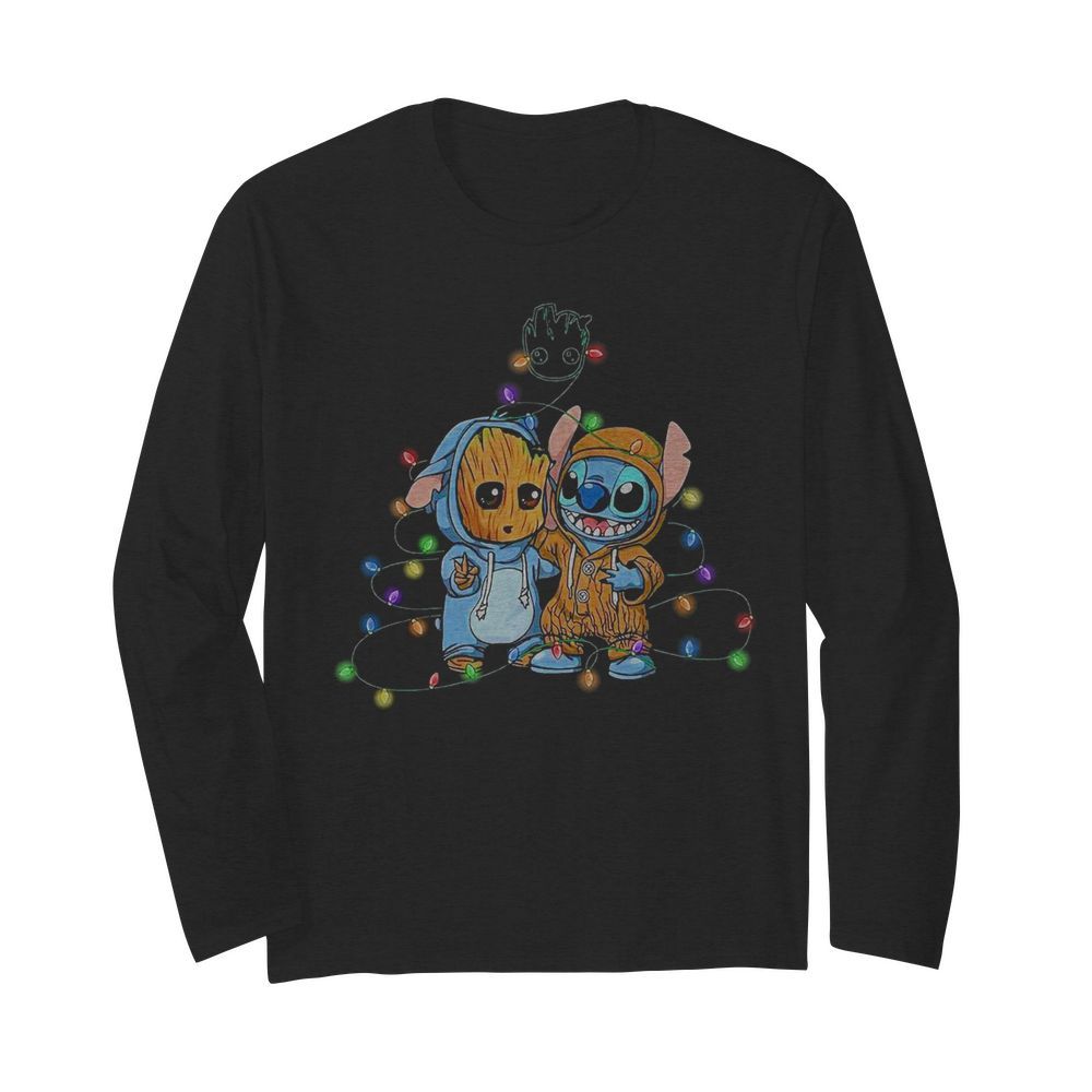 Baby Groot And Baby Stitch Happy Light Christmas  Long Sleeved T-shirt 