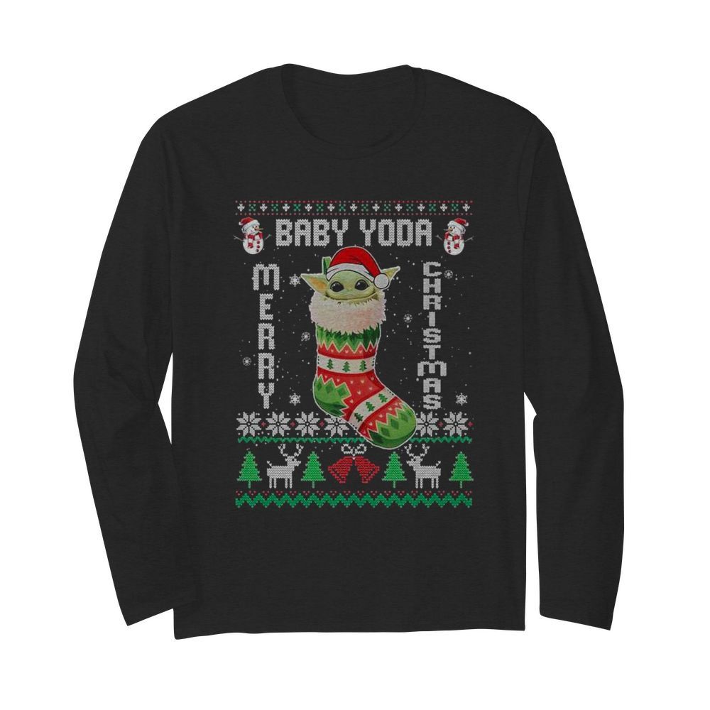 Baby Yoda In The Sock Merry Christmas Ugly  Long Sleeved T-shirt 