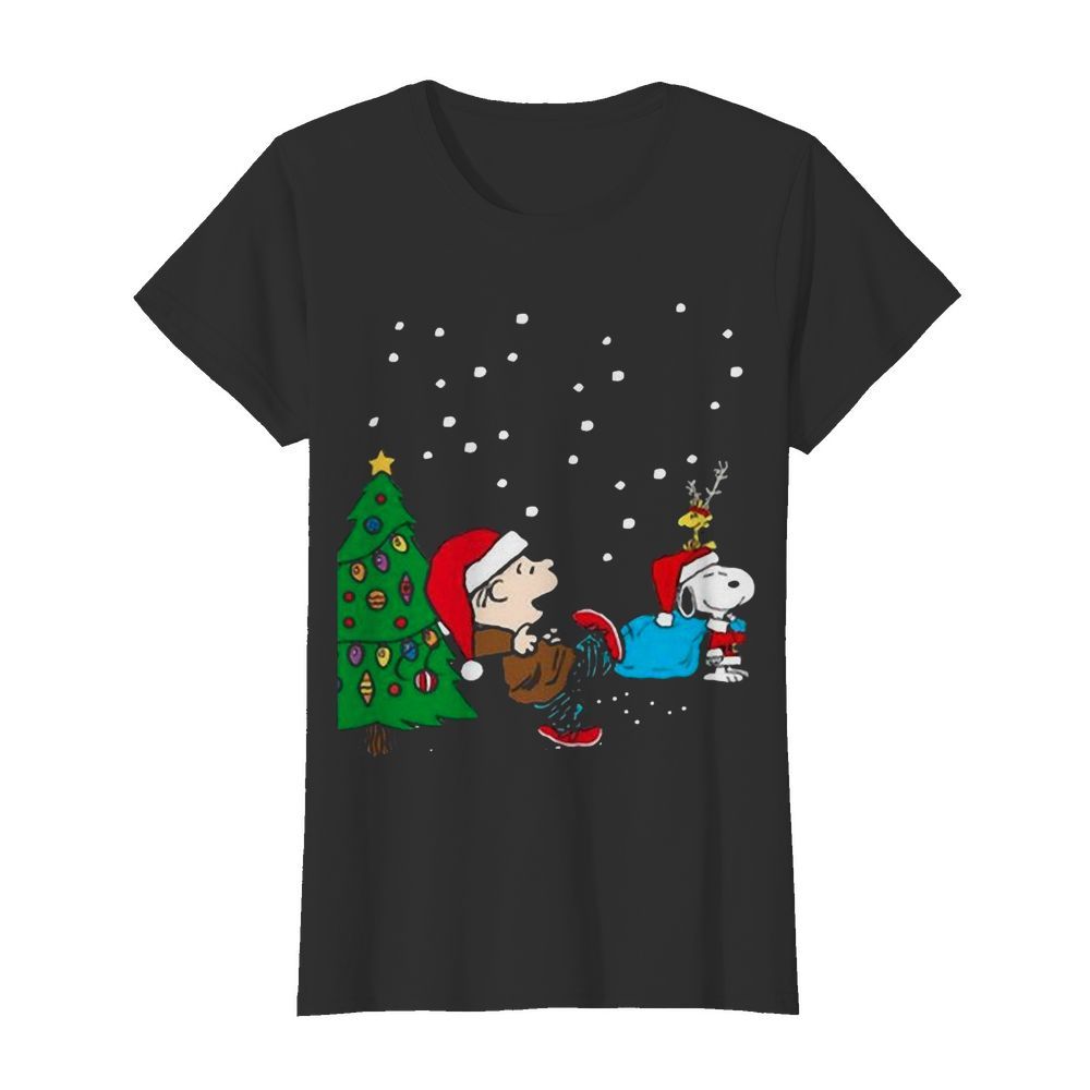 Charlie Brown And Snoopy And Woodstock Merry Christmas Tree  Classic Women's T-shirt