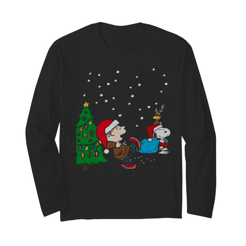 Charlie Brown And Snoopy And Woodstock Merry Christmas Tree  Long Sleeved T-shirt 