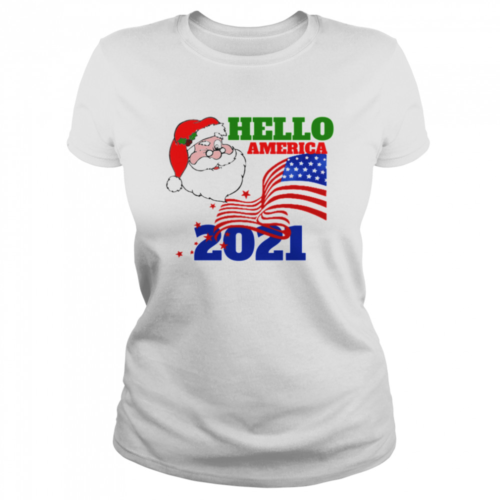 Hello America 2021 Santa Claus Merry Christmas Usa Flag  Classic Women's T-shirt