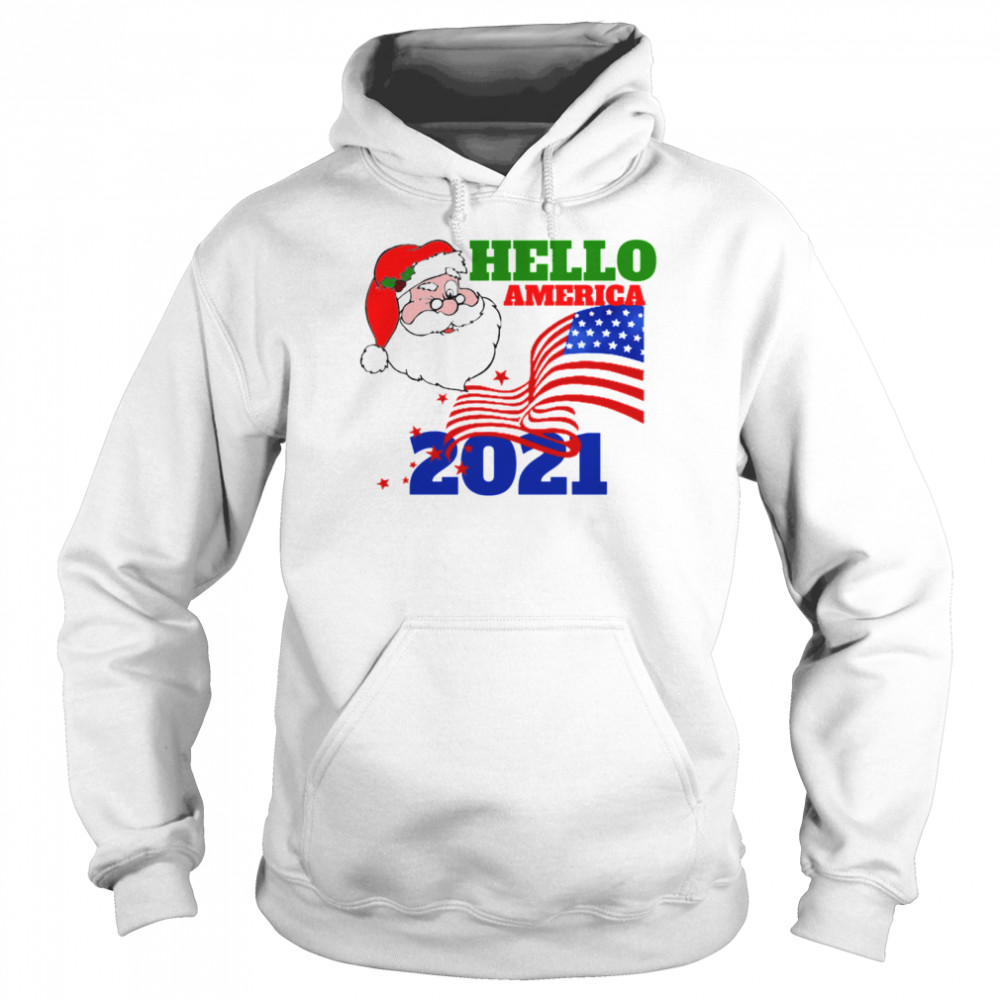 Hello America 2021 Santa Claus Merry Christmas Usa Flag  Unisex Hoodie