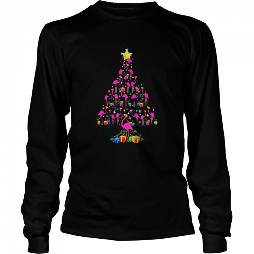 Pink Flamingos Merry Christmas Tree Gift  Long Sleeved T-shirt