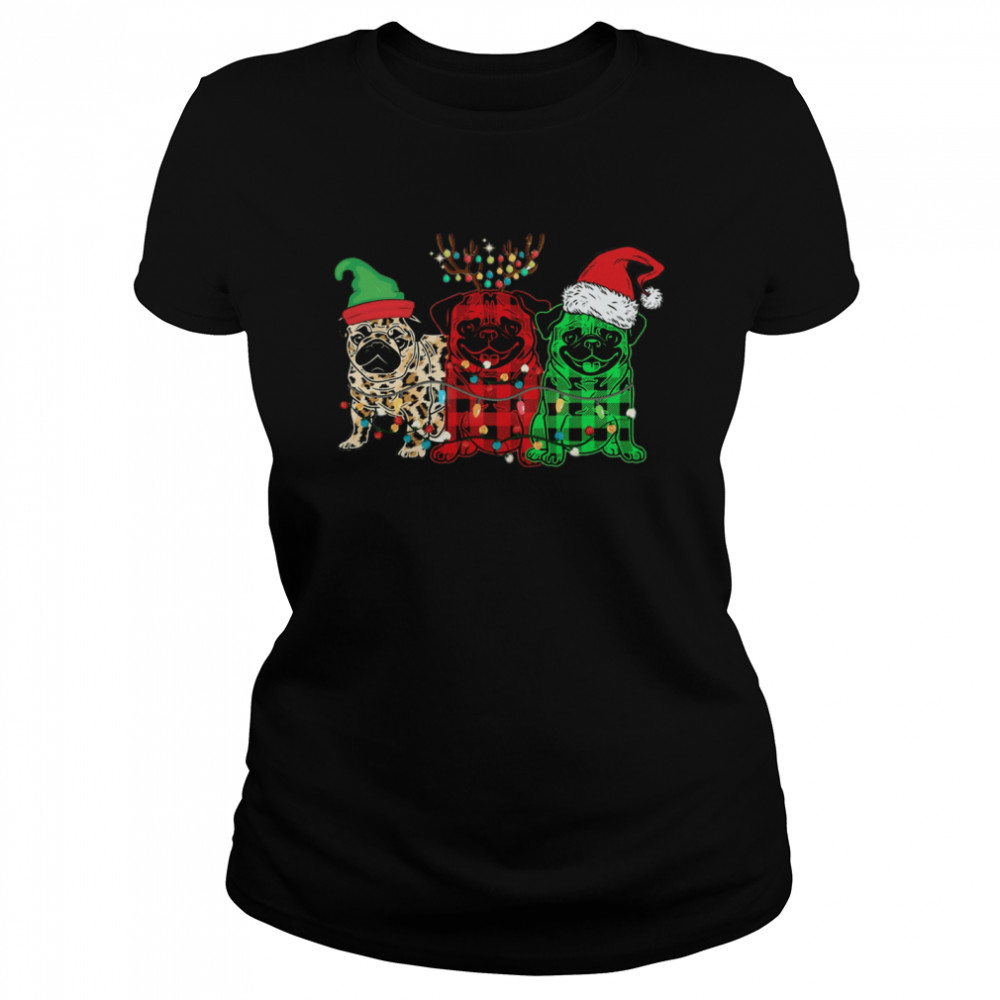 Pug Elf Reindeer Santa Light Merry Christmas  Classic Women's T-shirt