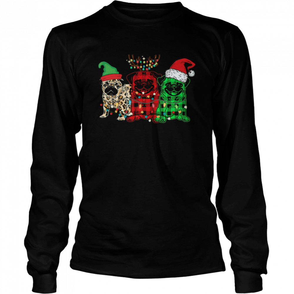 Pug Elf Reindeer Santa Light Merry Christmas  Long Sleeved T-shirt