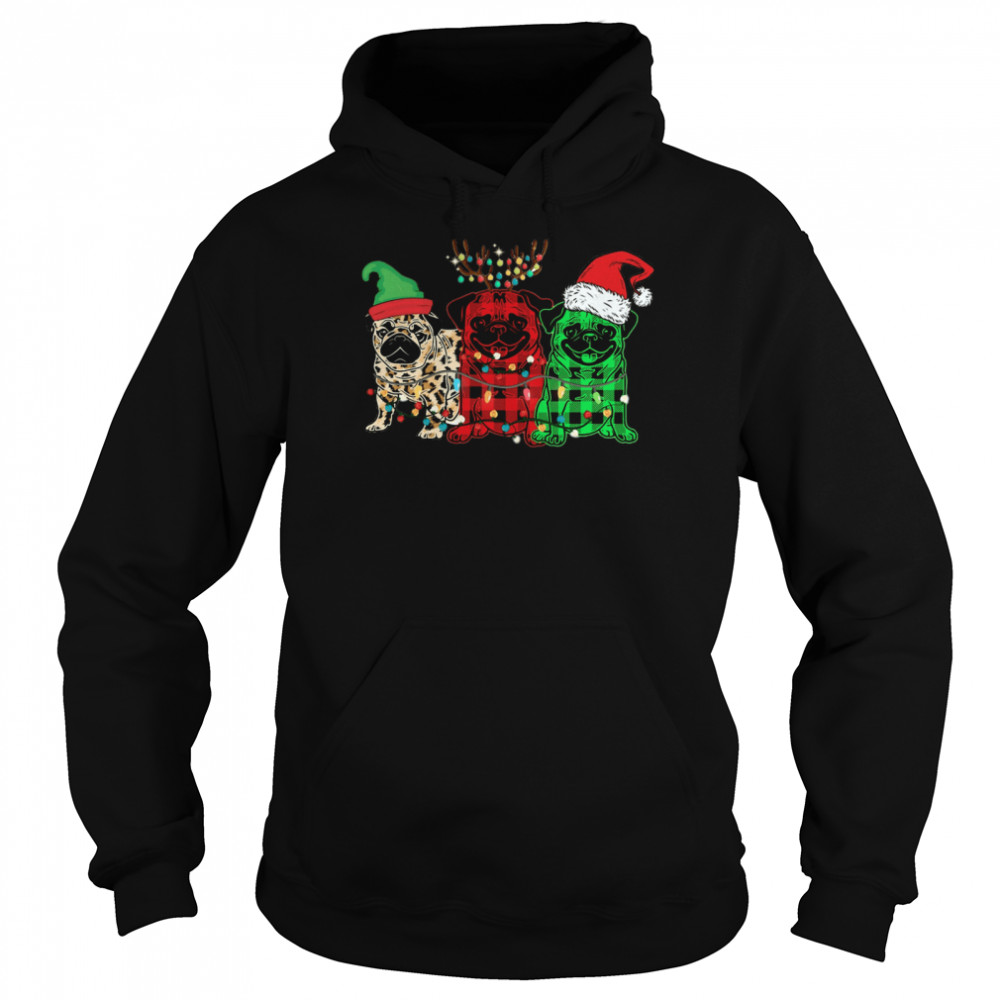 Pug Elf Reindeer Santa Light Merry Christmas  Unisex Hoodie