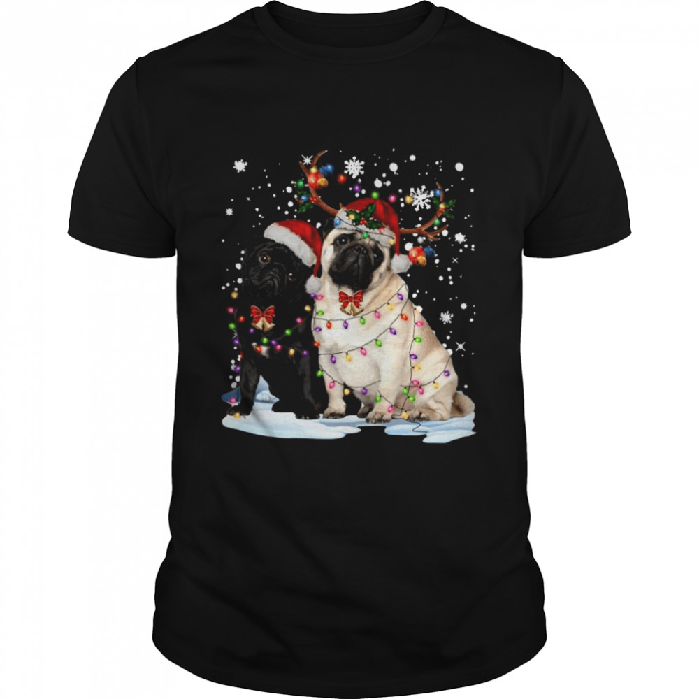 Pug Santa Reindeer Merry Christmas Light shirt