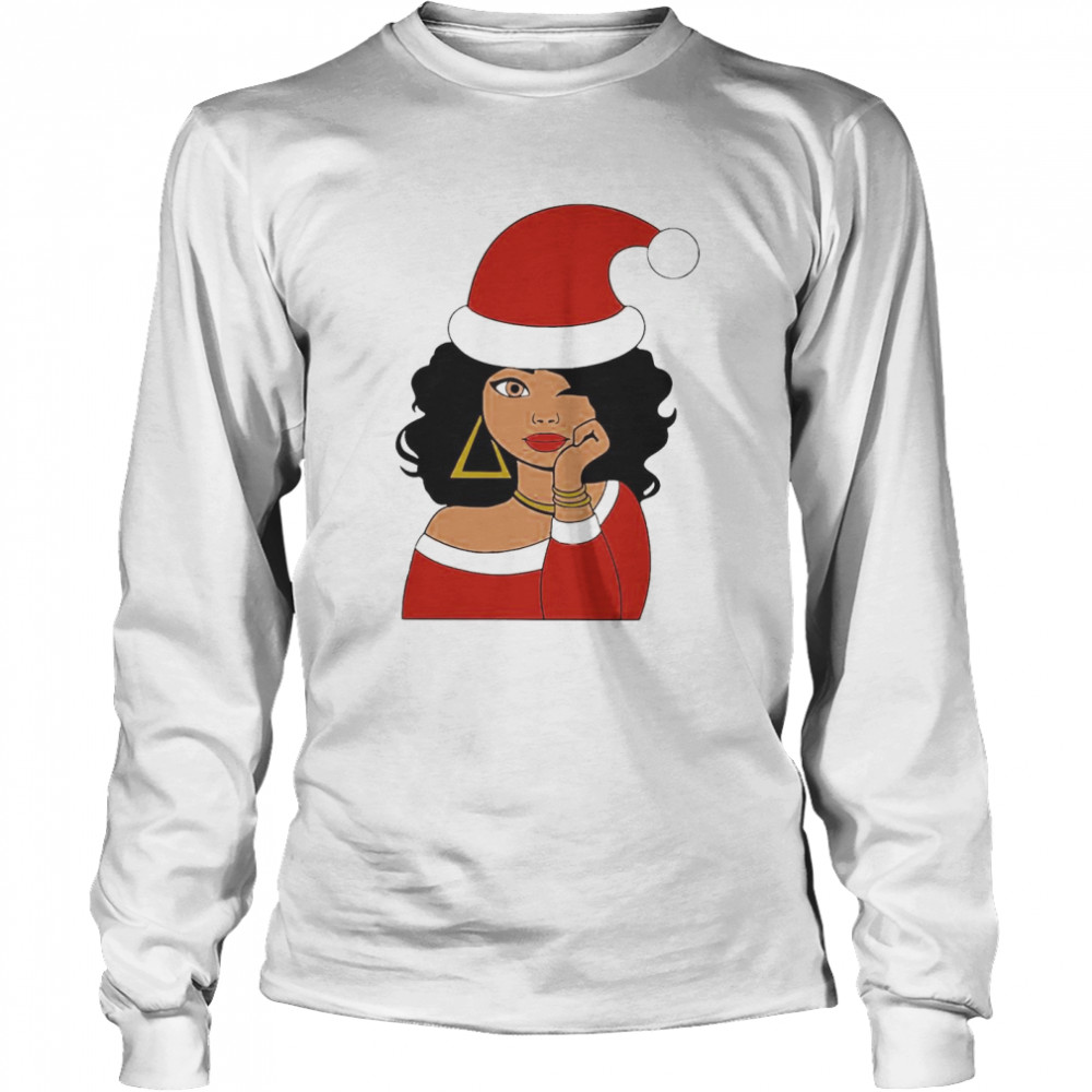 Santa Black Girl Afro Merry Christmas  Long Sleeved T-shirt