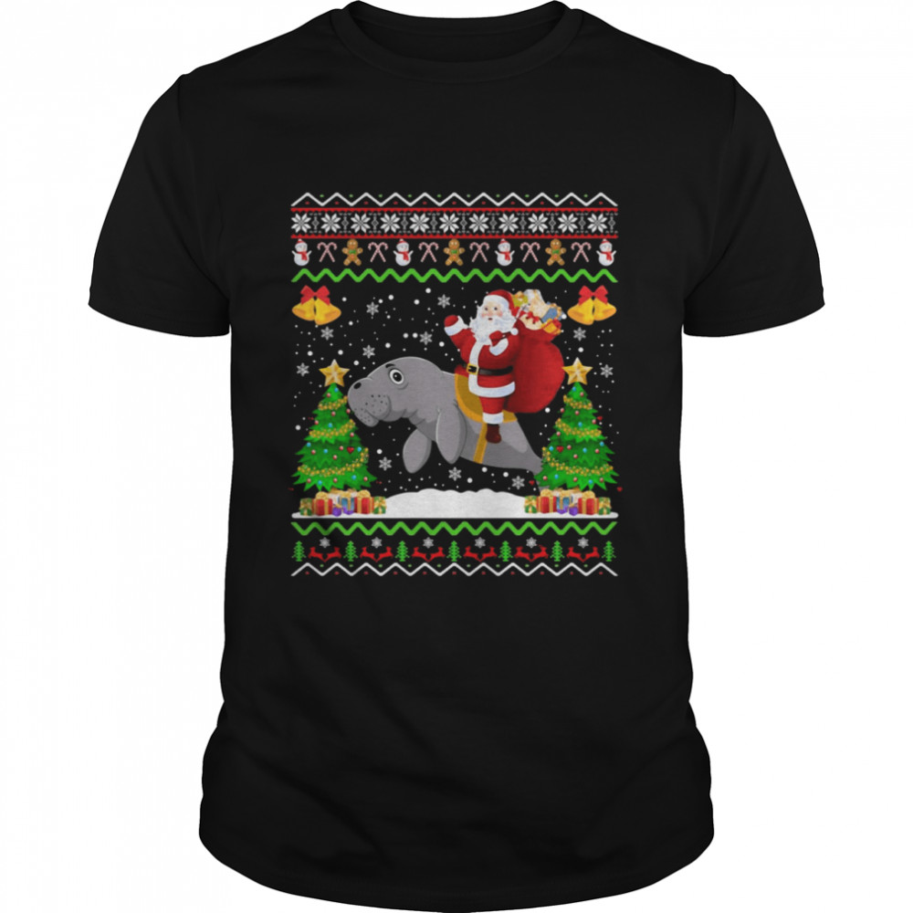 Santa Claus riding manatee Christmas shirt