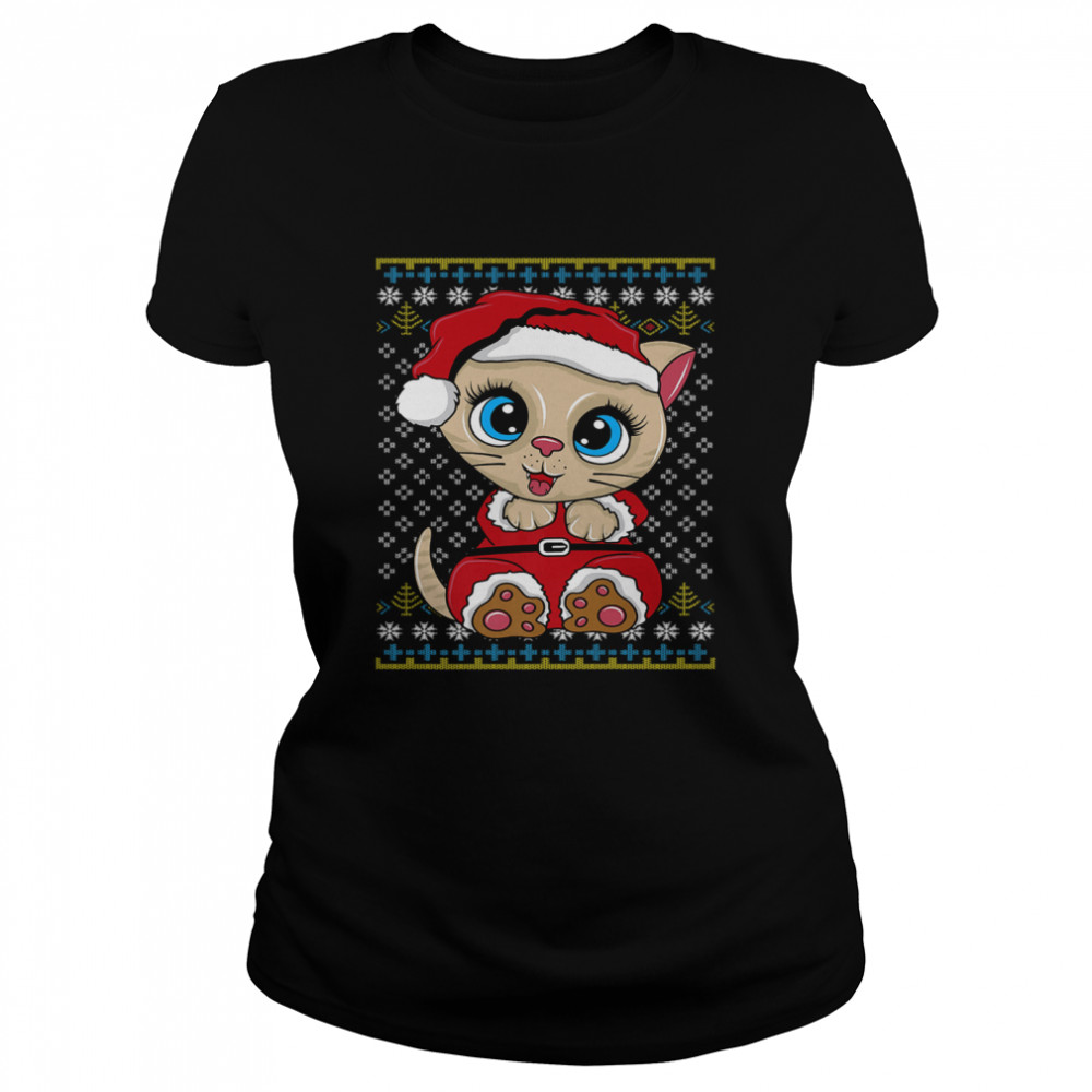 Santa Kitten Ugly Christmas Gift Xmas Cat Pajama  Classic Women's T-shirt