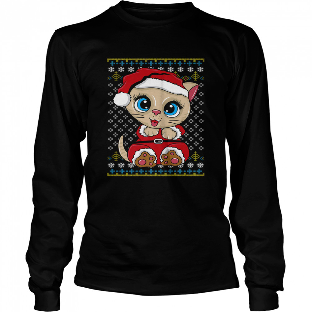 Santa Kitten Ugly Christmas Gift Xmas Cat Pajama  Long Sleeved T-shirt