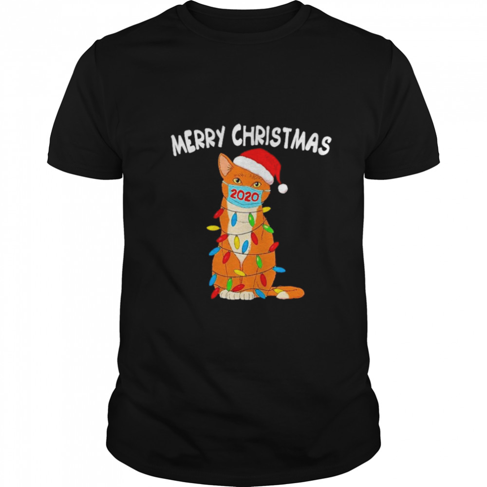 Santa cat face mask 2020 Christmas Lights Merry Christmas shirt