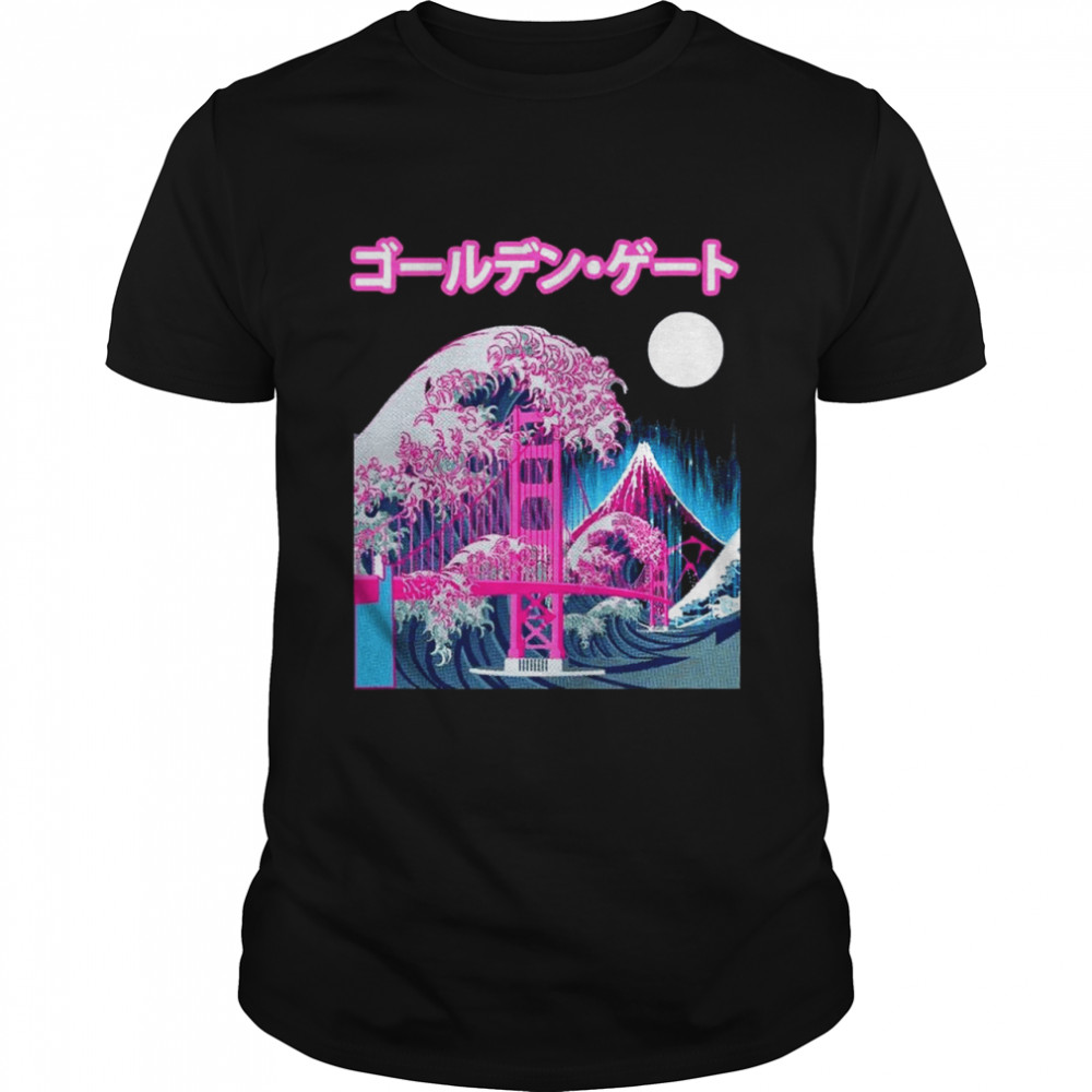 Vaporwave Glitch Aesthetic Japan Golden Gate Bridge Mt. Fuji  Classic Men's T-shirt