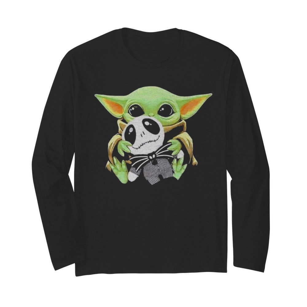 baby Yoda hug Jack Skellington t Long Sleeved T-shirt 