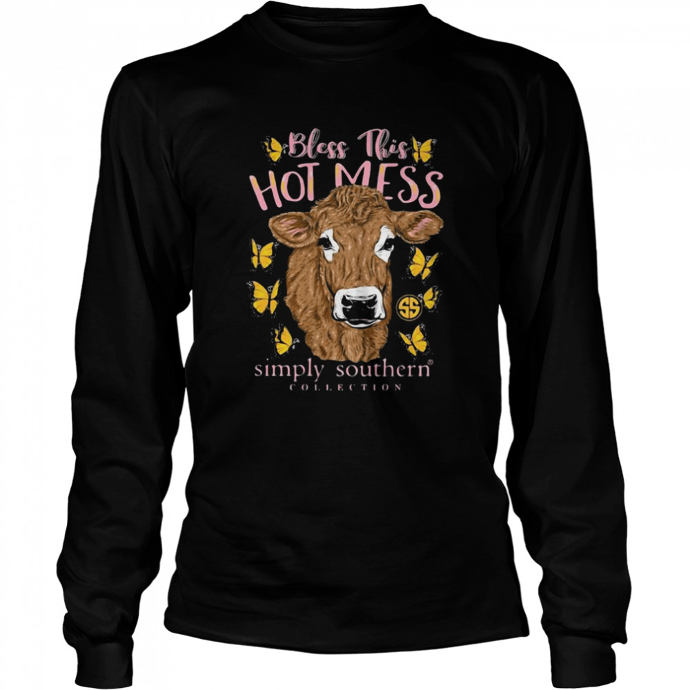 Bless This Hot Mess Simple Southern Collection Cows Buffterfly  Long Sleeved T-shirt