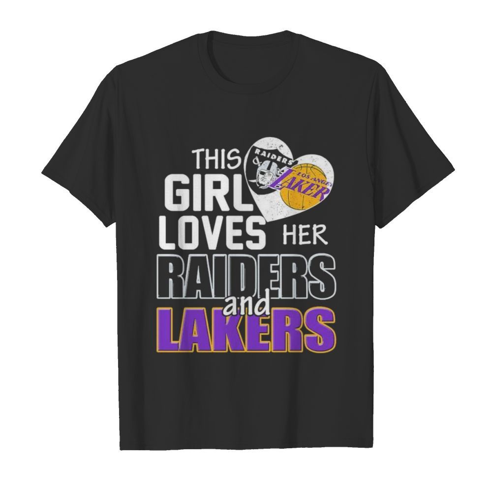 This girl loves her Las vegas Raiders and Los Angeles Lakers shirt